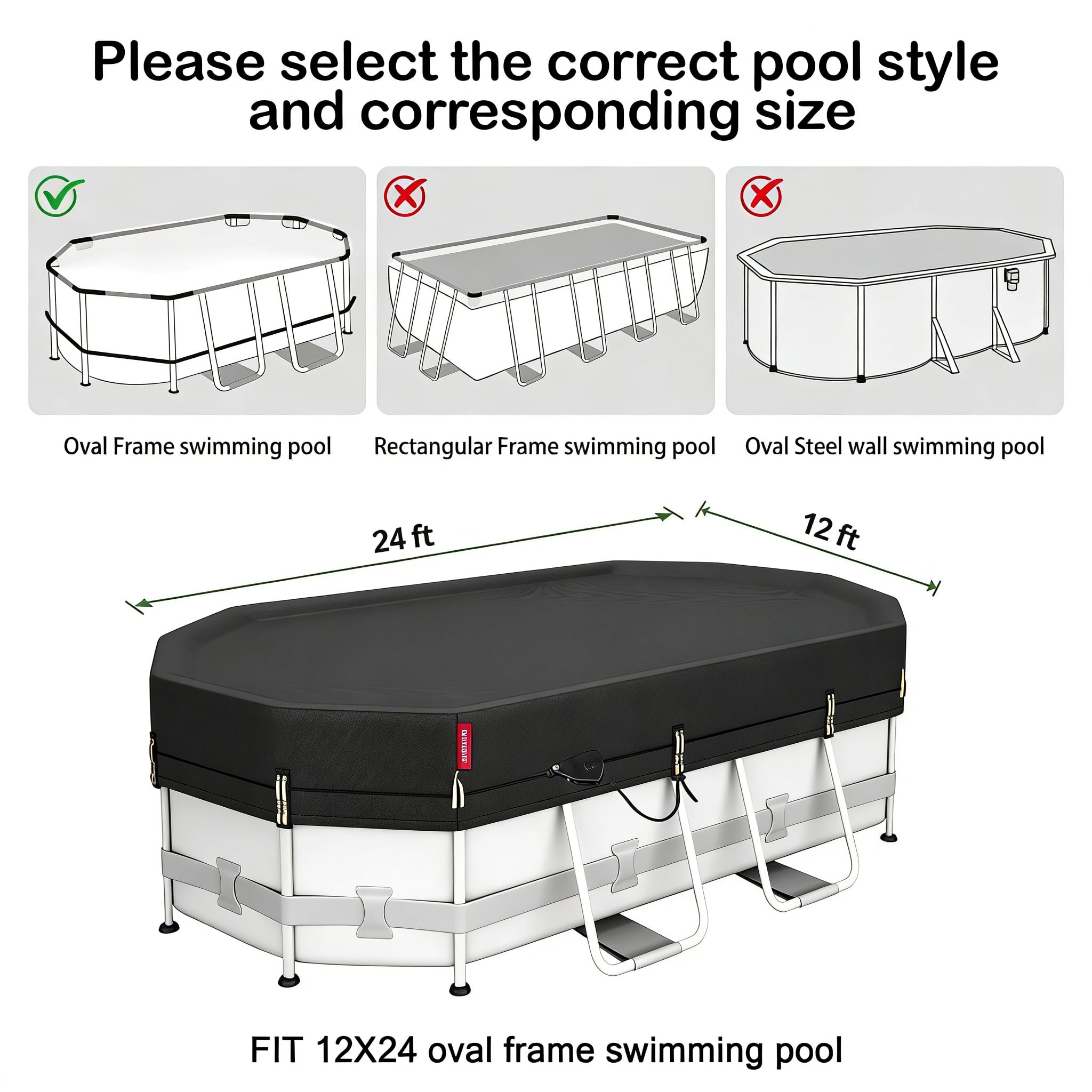 QH.HOME 12x24 ft Winter Oval Pool Cover side view