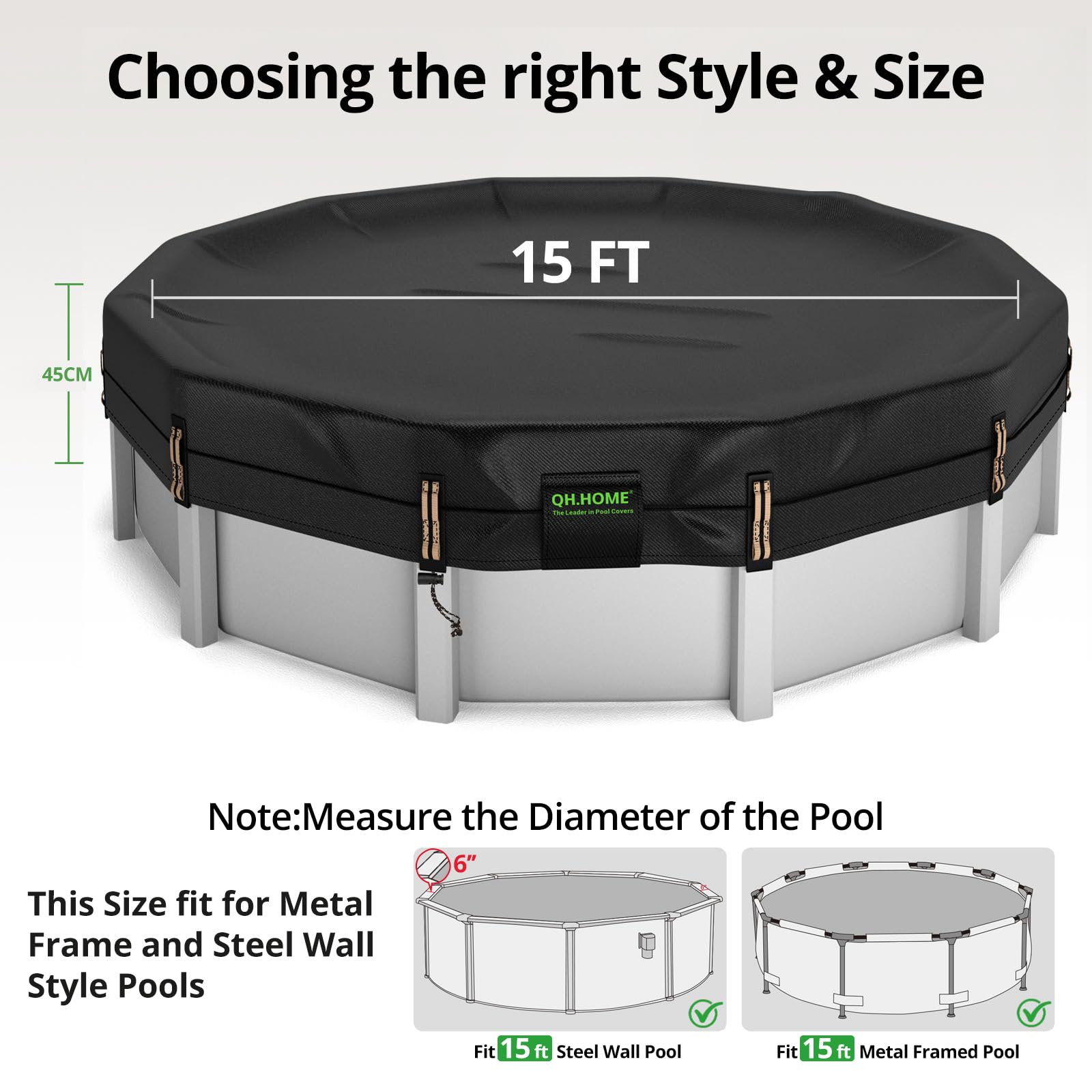 QH.HOME 15 Ft Round Pool Cover with tightening winch and rope