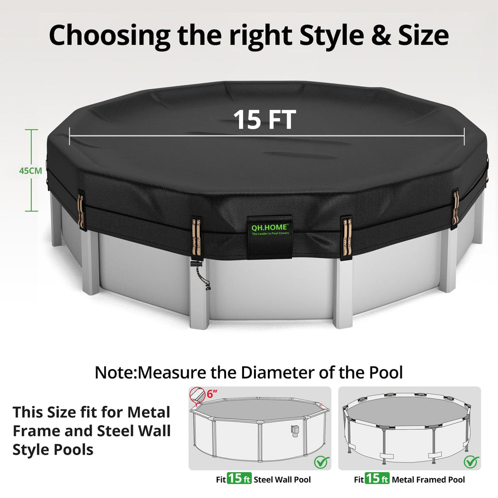 QH.HOME 15 Ft Round Pool Cover with tightening winch and rope