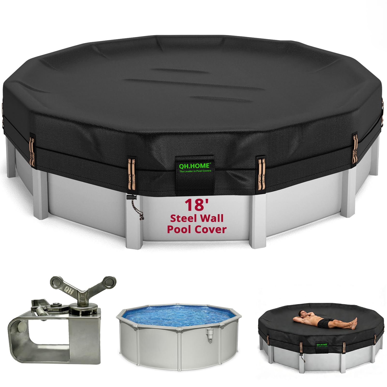 QH.HOME 18 Ft Round Pool Cover black fabric front view