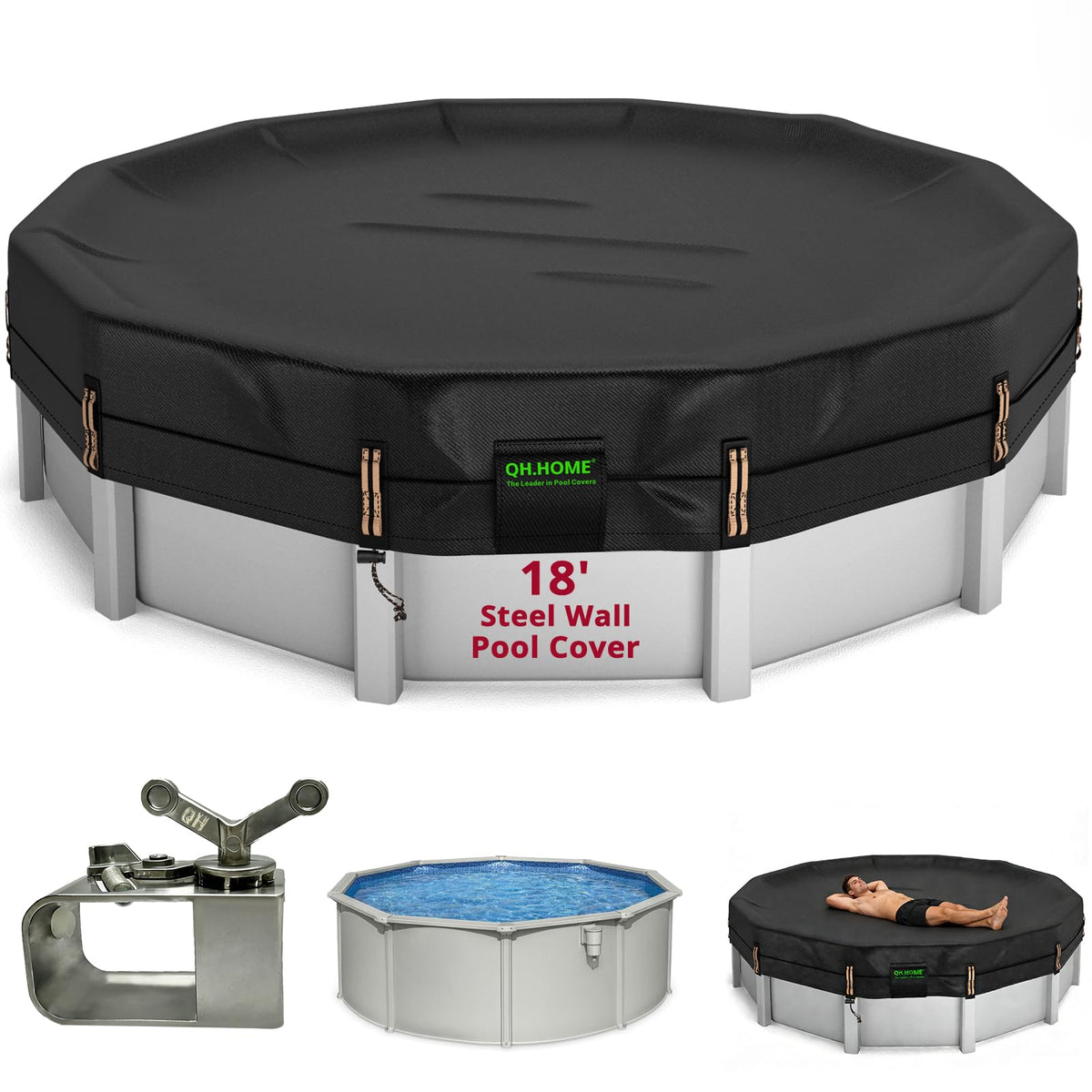 QH.HOME 18 Ft Round Pool Cover black fabric front view