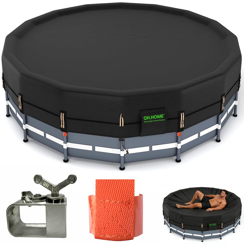 QH.HOME 20 Ft Round Pool Cover in black, flat view