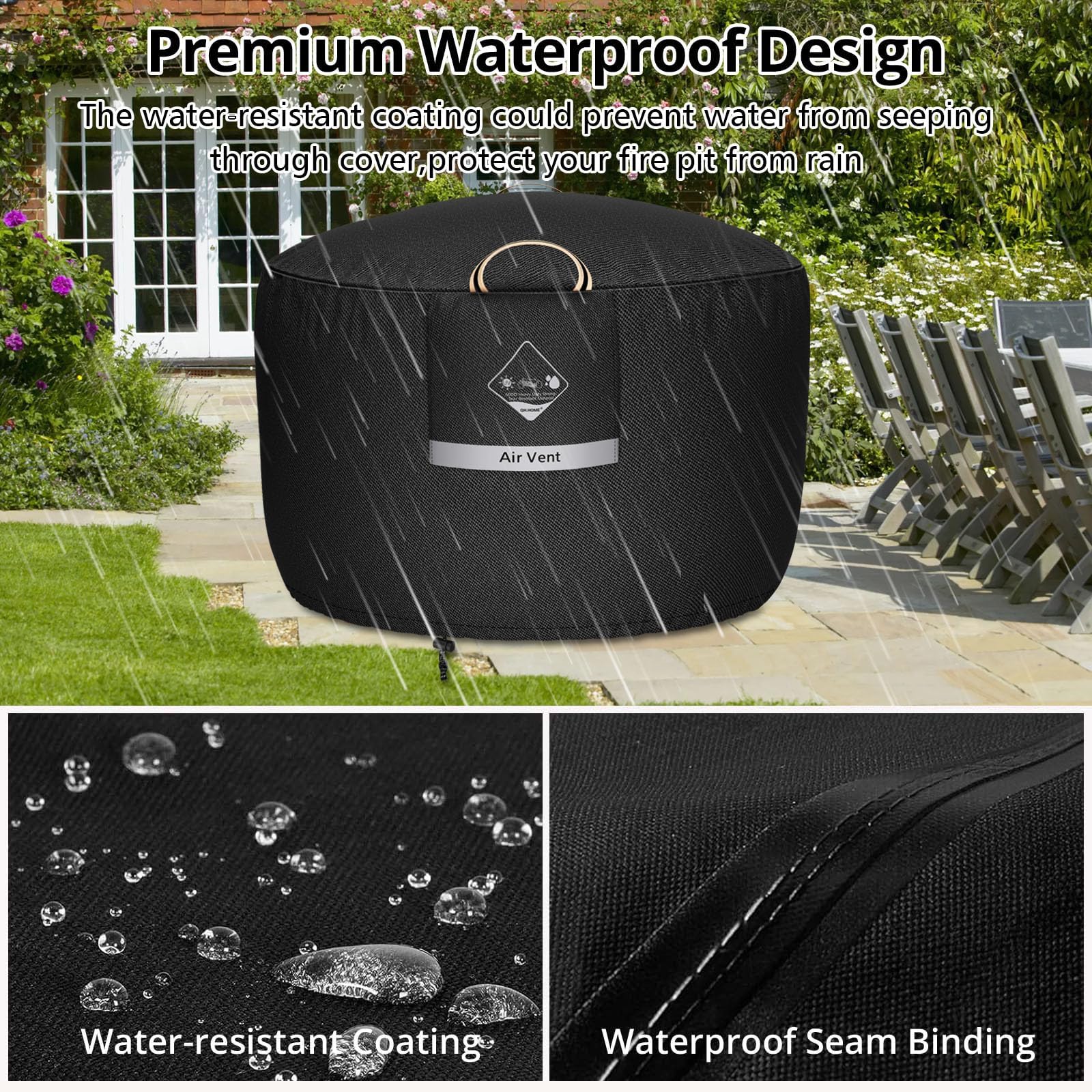 QH.HOME fire pit cover displayed on a round fire pit