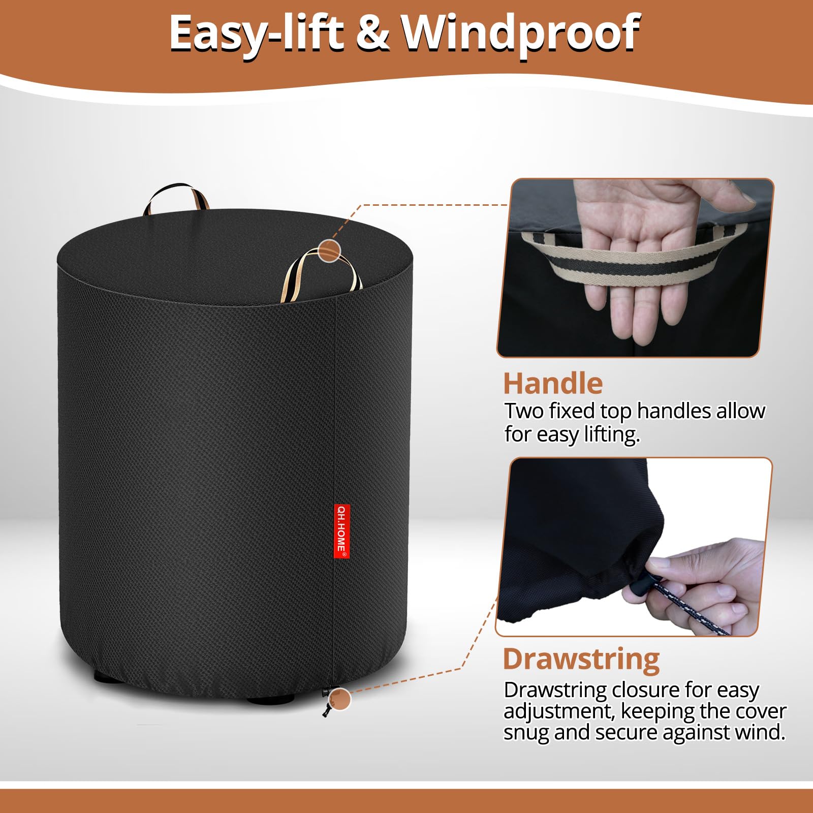 QH.HOME Fire Pit Cover packaging and dimensions