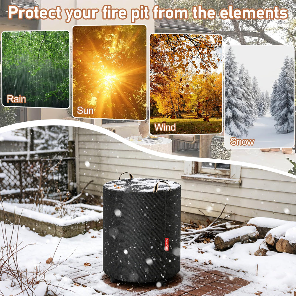 QH.HOME Fire Pit Cover showing waterproof feature in rain