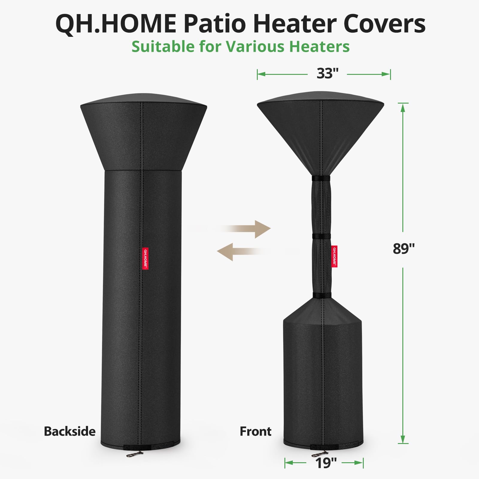 QH.HOME Patio Heater Cover dimensions displayed