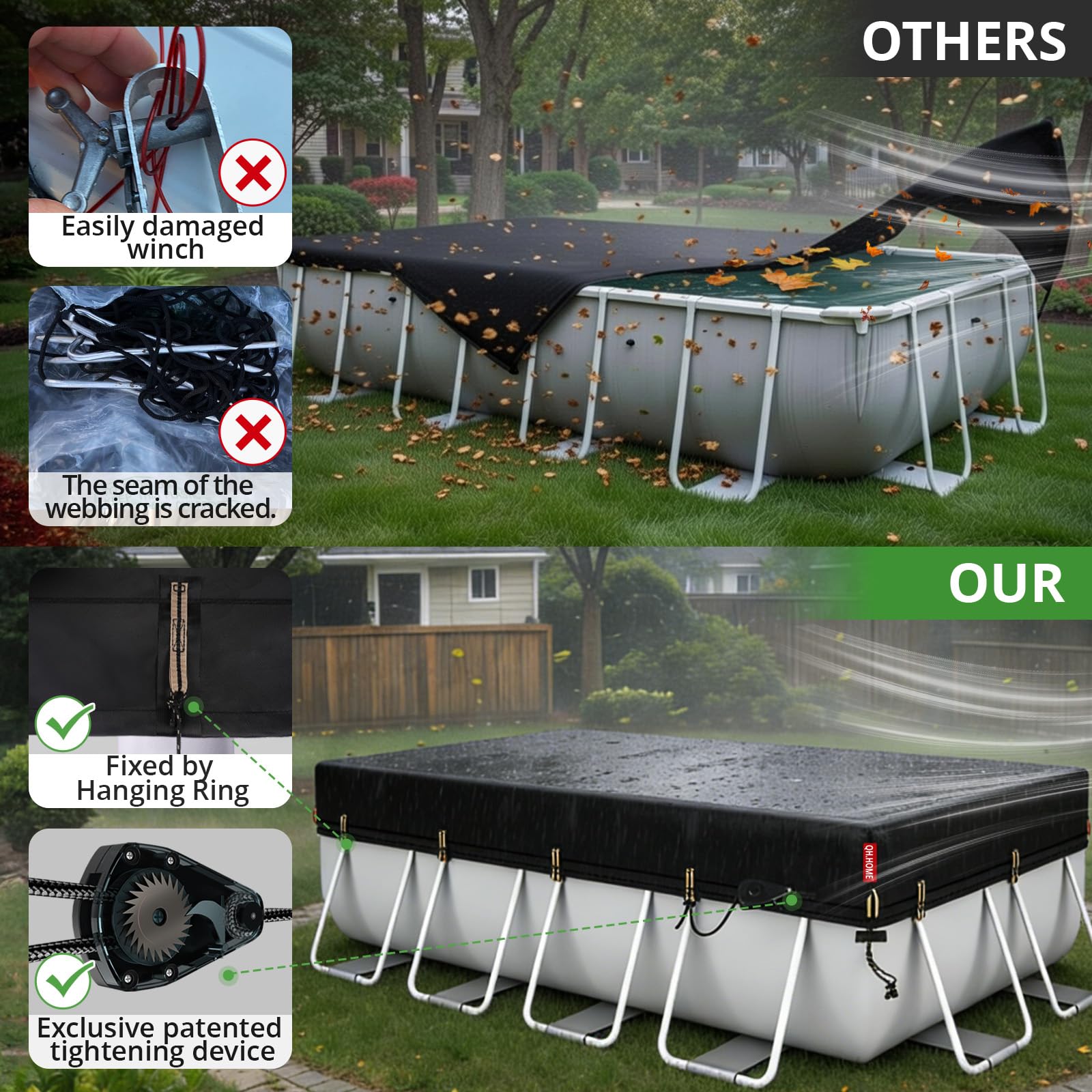 QH.HOME pool cover edge showing hanging rings