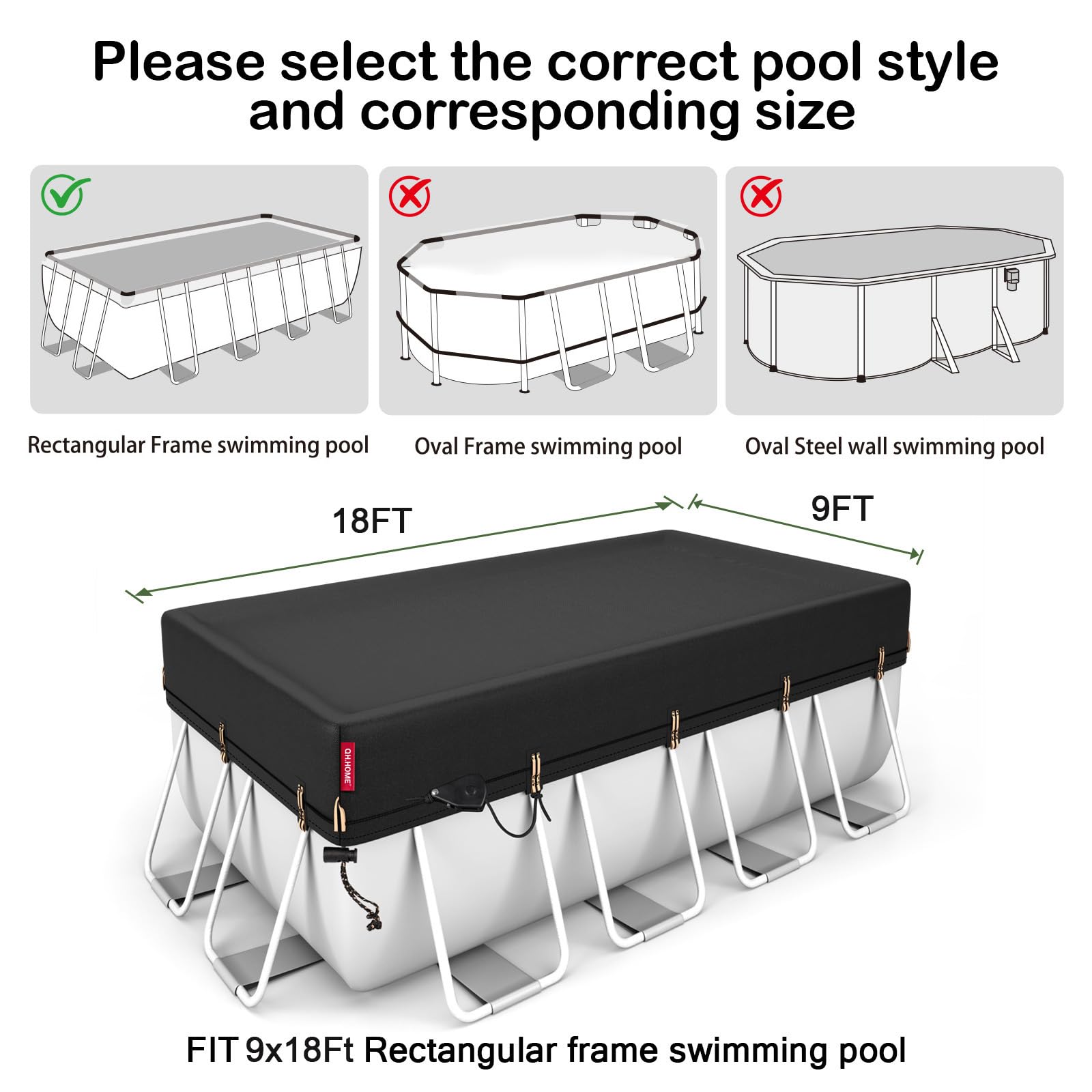 QH.HOME pool cover showing patented tightening ratchets