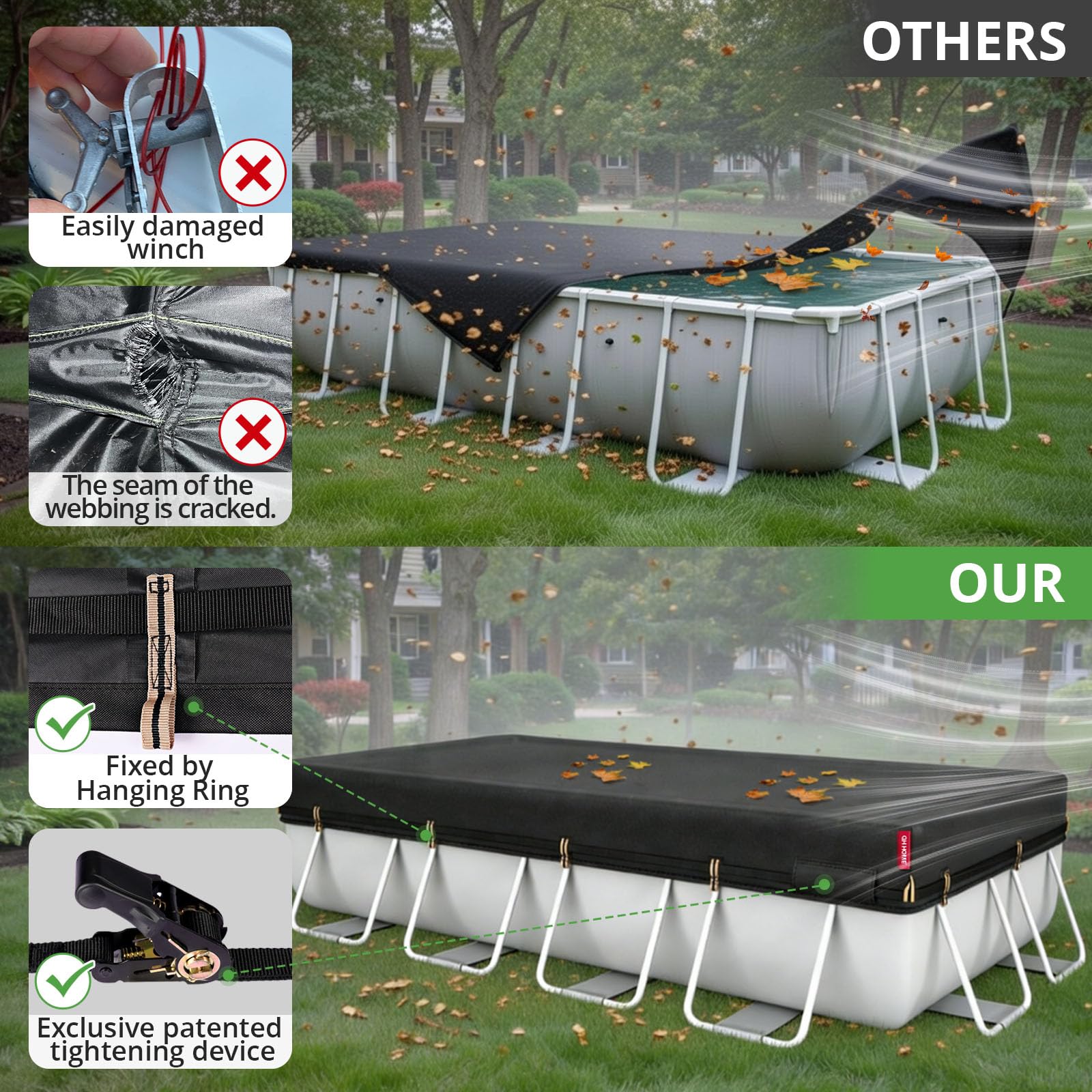 QH.HOME pool cover showing UV protection material