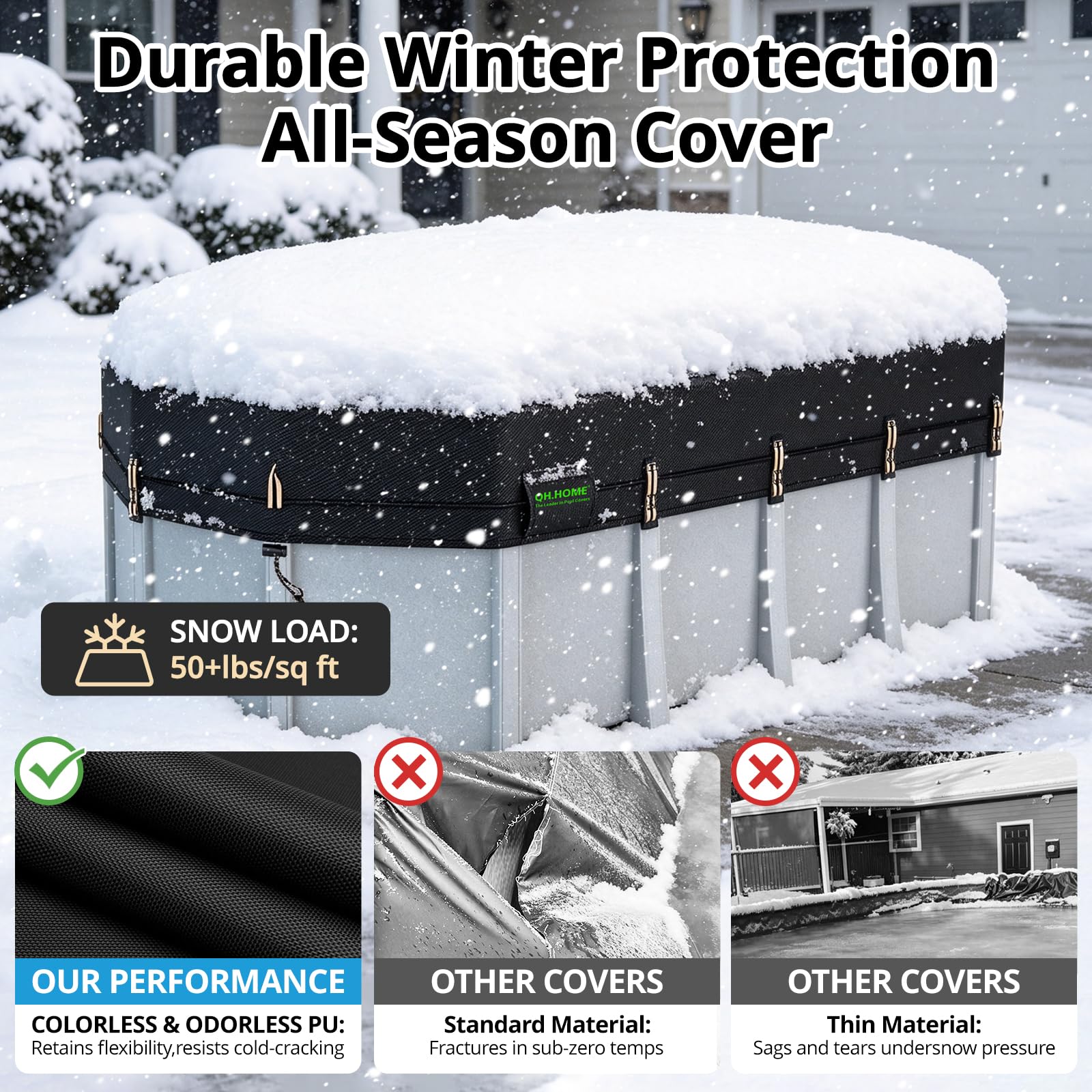QH.HOME pool cover showing waterproof seams