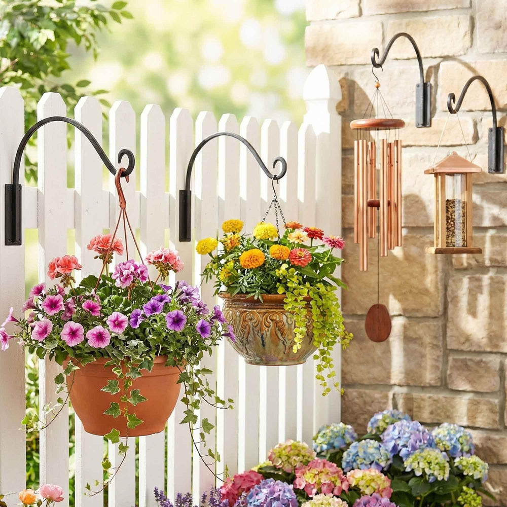 Qiang Ni plant hanger holding a flower basket outdoors