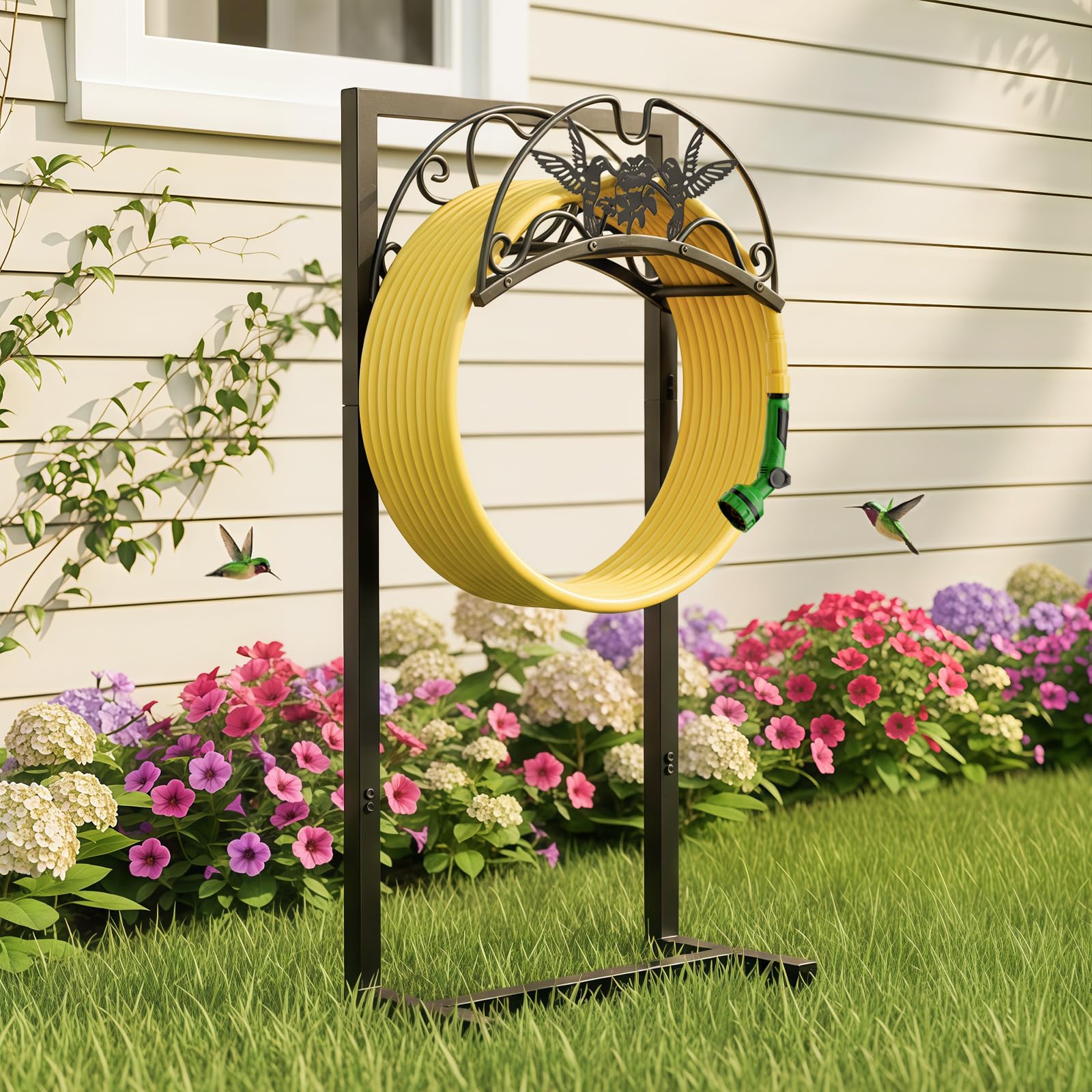 Qiaogreen Garden Hose Holder front view with hummingbird pattern