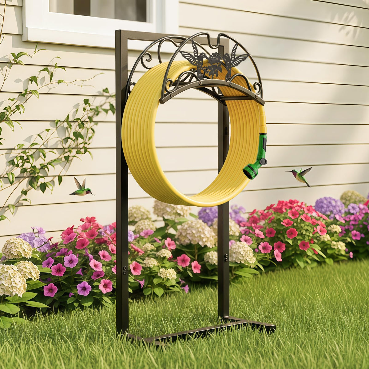Qiaogreen Garden Hose Holder front view with hummingbird pattern