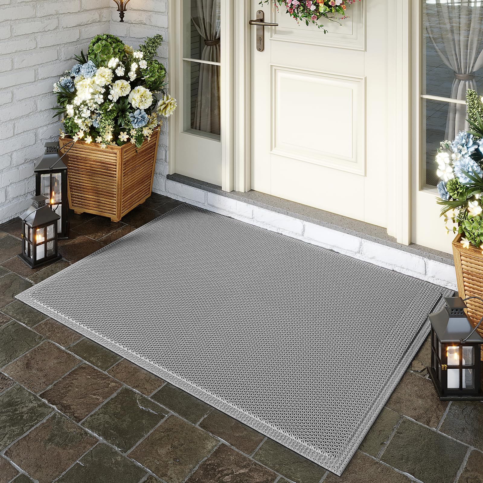 QiCaiJia doormat on tiled floor