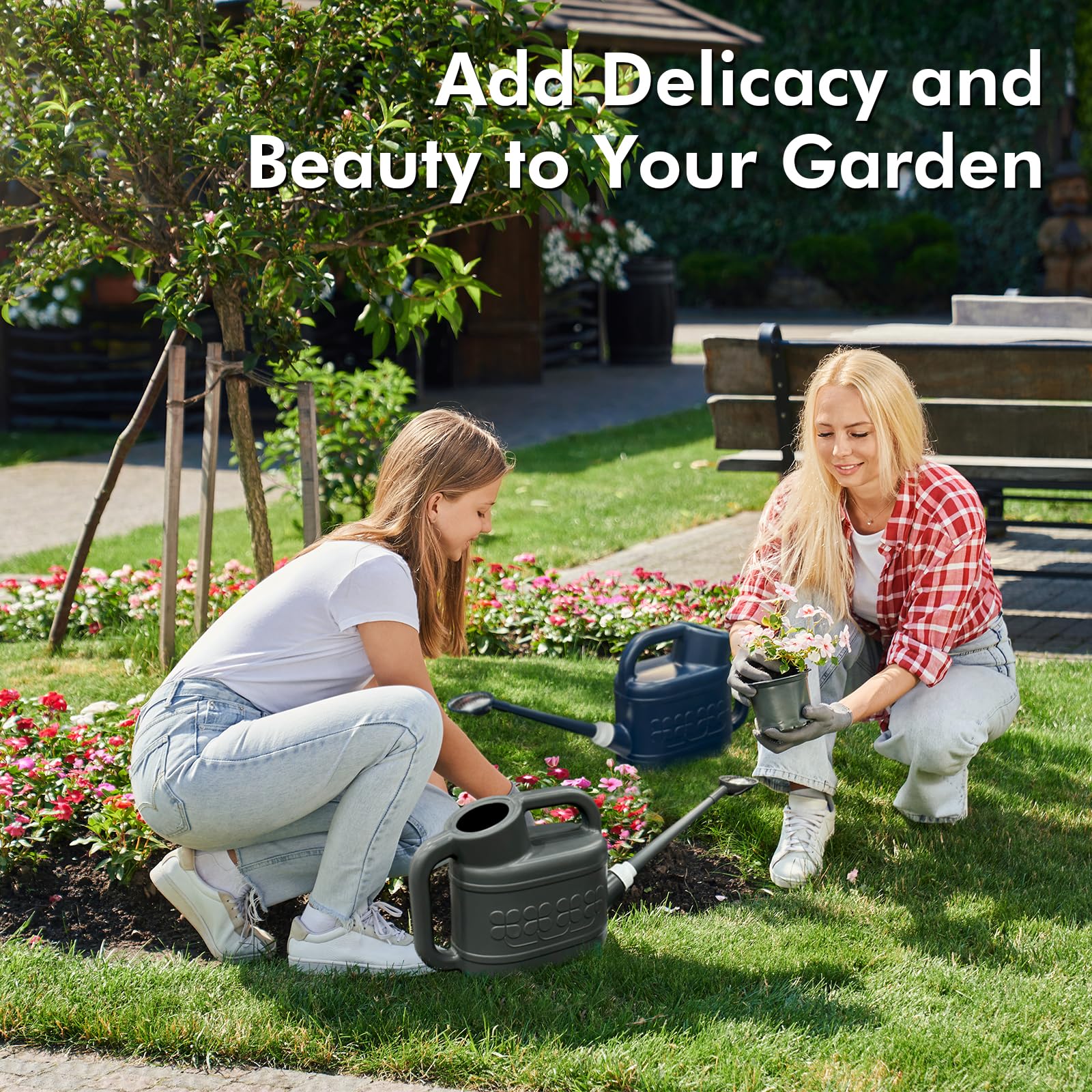 Qilebi Watering Can in a garden setting