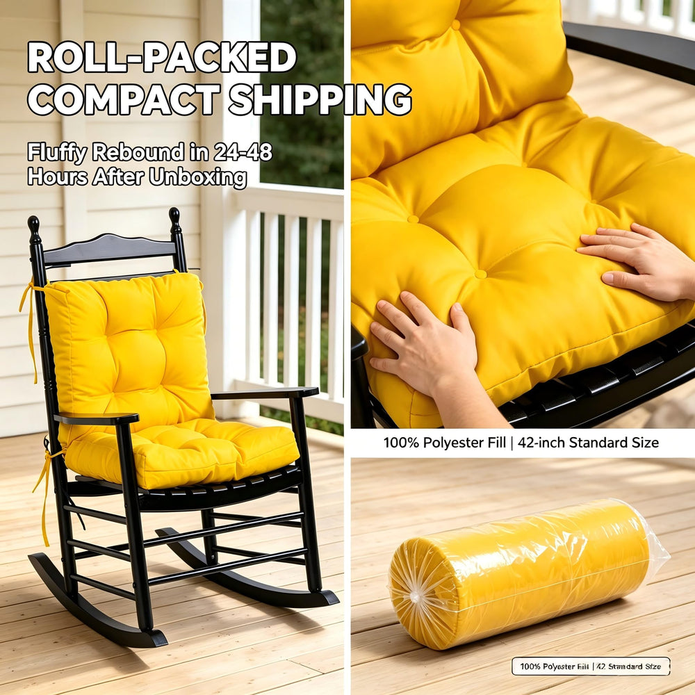 QILLOWAY outdoor chair cushions in vibrant yellow on a rocking chair