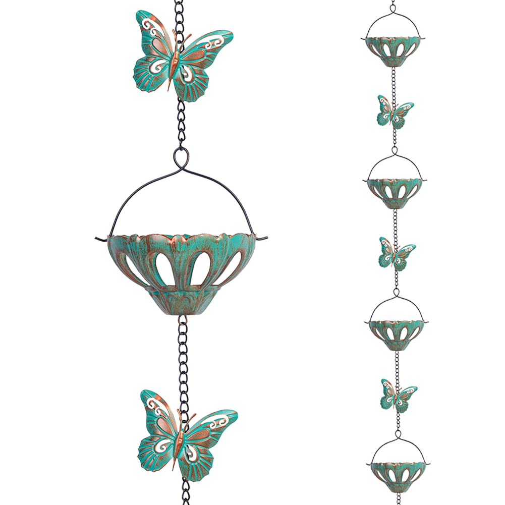 Qipade 12FT Butterfly Rain Chain with green metal cups