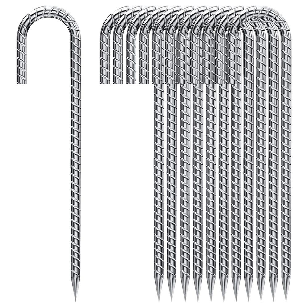 QNLONG 12 inch ground stakes front view with J-hook design