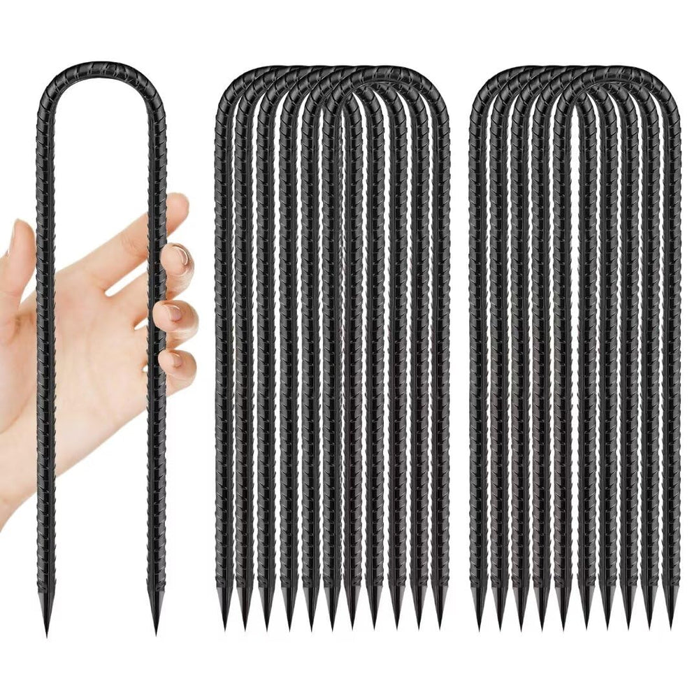 QNLONG 12-inch rebar stake black coated heavy duty U-hook front view