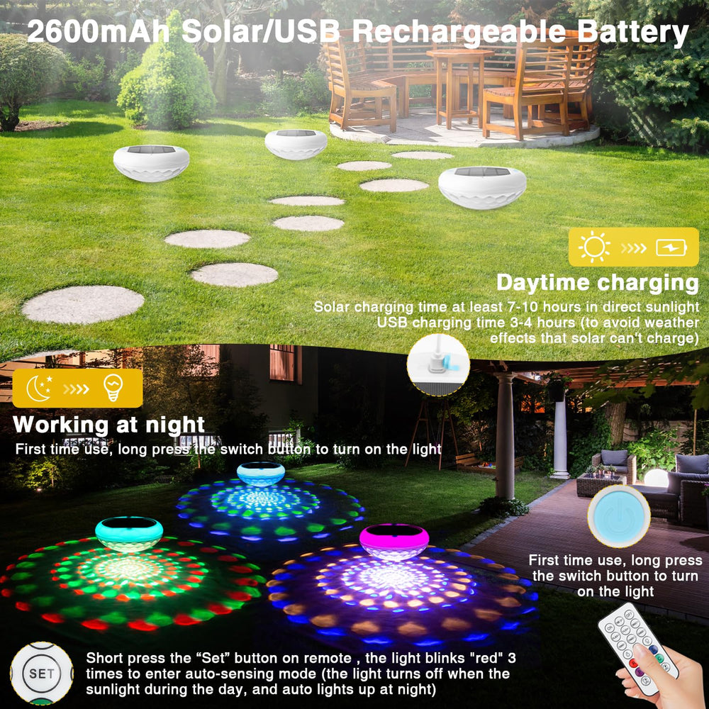QOLNBY Solar Floating Pool Lights charging with USB