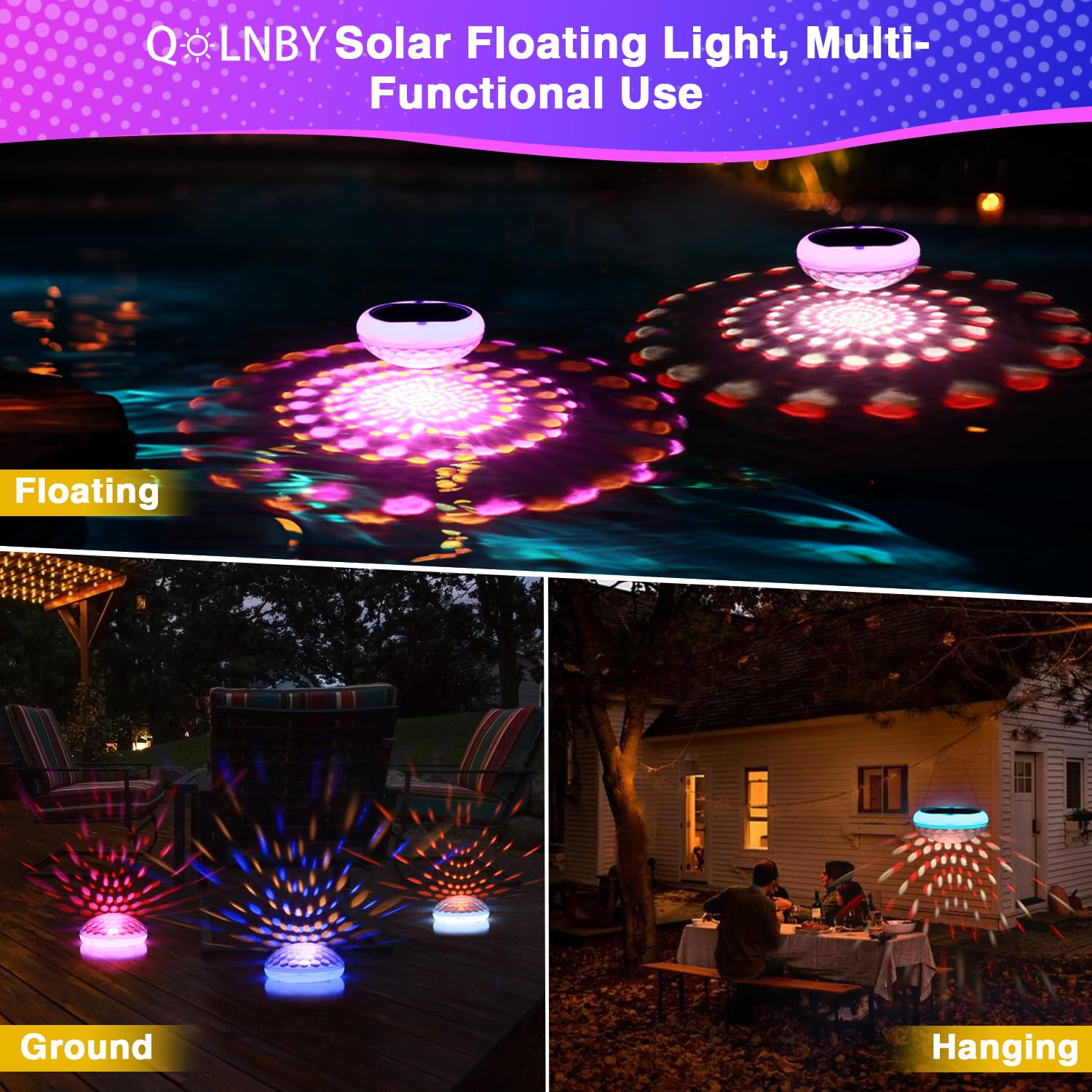 QOLNBY Solar Floating Pool Lights in a garden setting