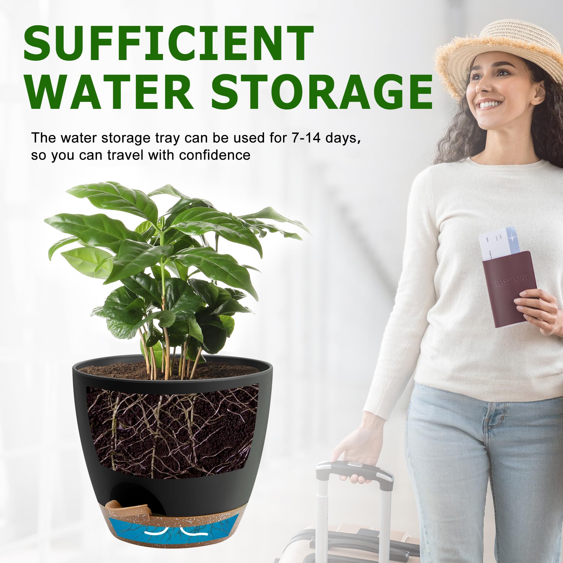 QRRICA 10-inch self-watering pot showing wick system