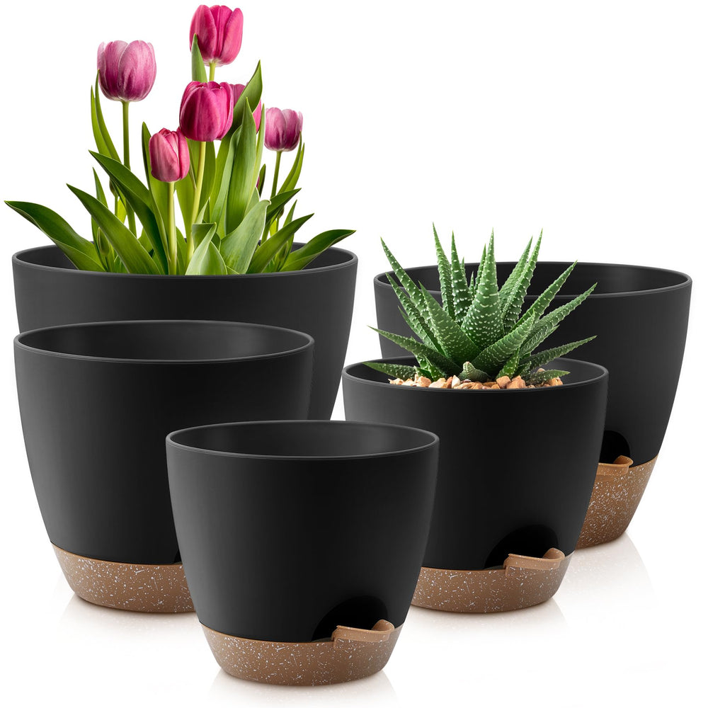 QRRICA 7-inch self-watering pot with saucer in black brown