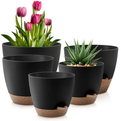 QRRICA 7-inch self-watering pot with saucer in black brown