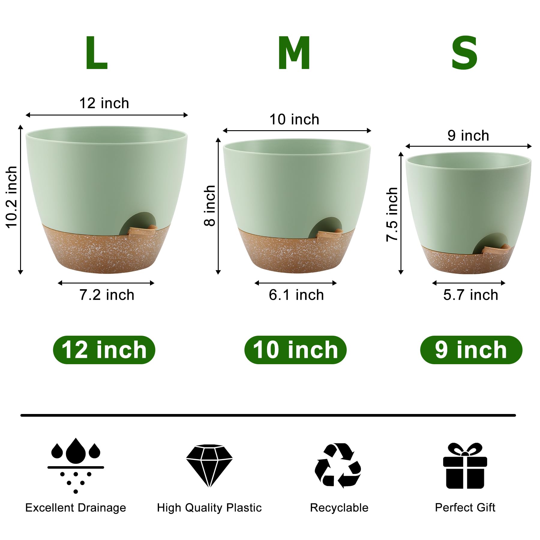 QRRICA Self Watering Pot 9 inch with saucer in green