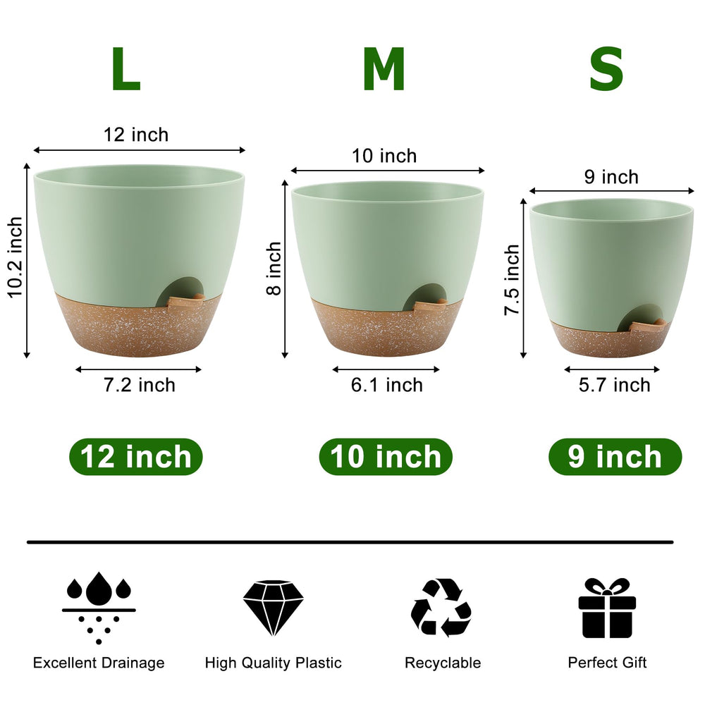 QRRICA Self Watering Pot 9 inch with saucer in green