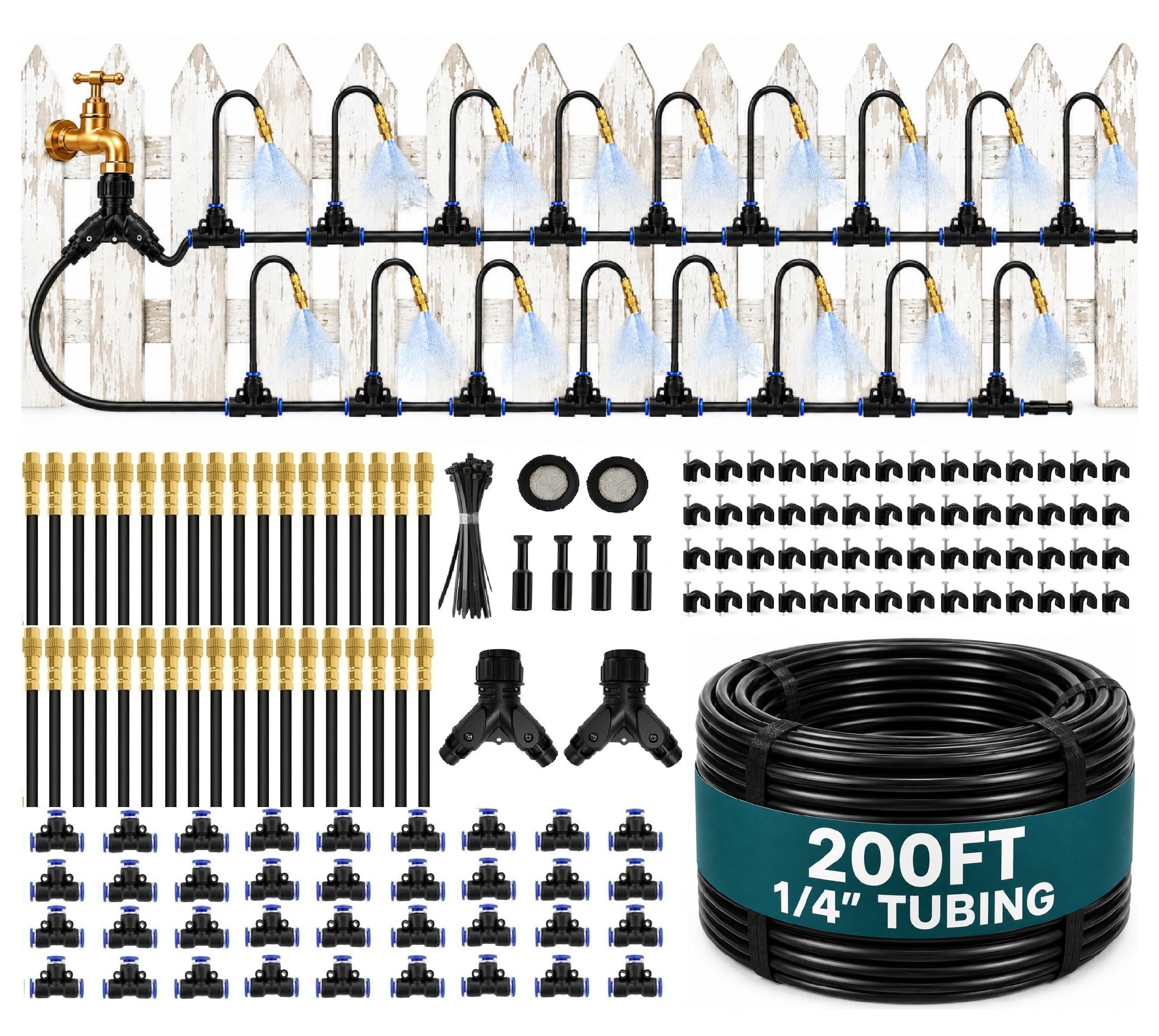 QSTCONGLAN 200FT drip irrigation system kit components including tubing and nozzles