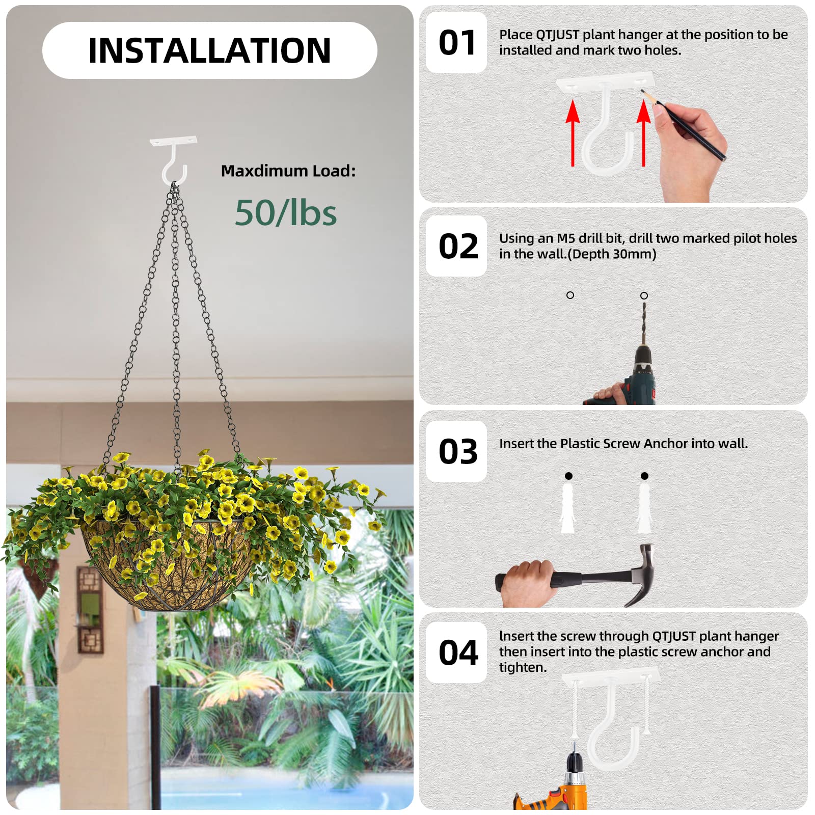 QTJUST Metal Plant Wall Hook mounted on a fence