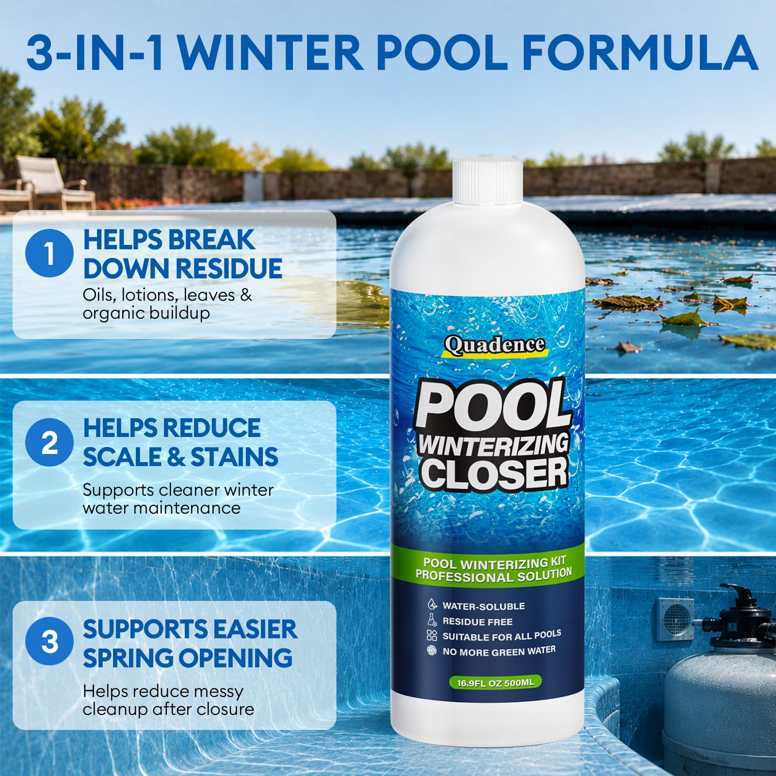 Quadence Pool Closing Kit displayed with pool winter cover