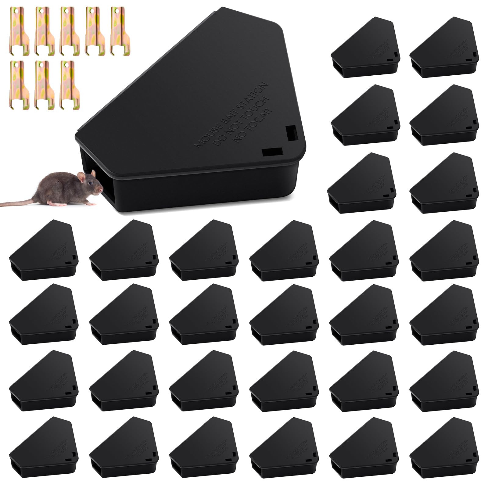 Qualirey 36 Pcs Triangle Mice Rat Bait Stations, black exterior view