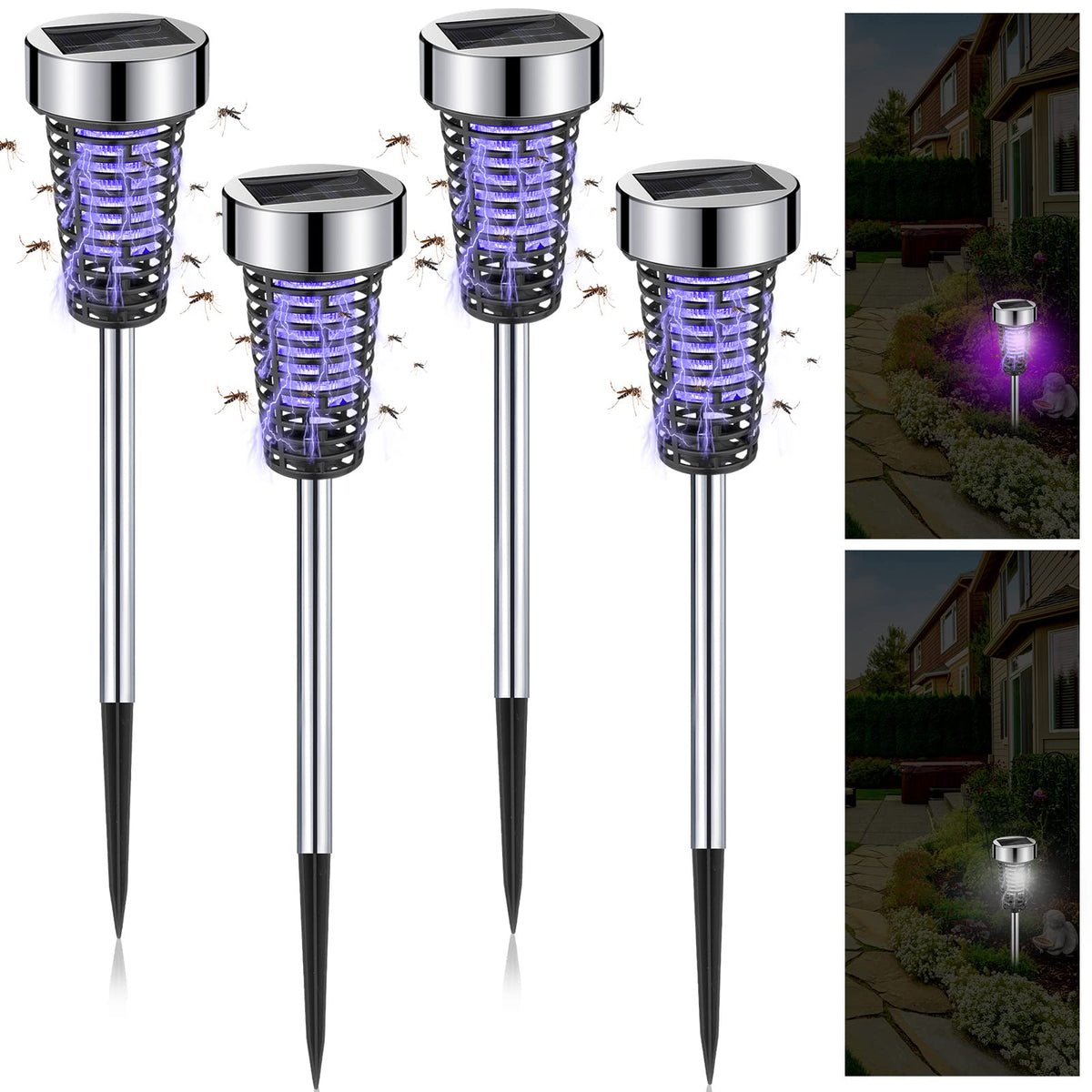 Qualirey 4 Pack Outdoor Solar Bug Zapper in silver color