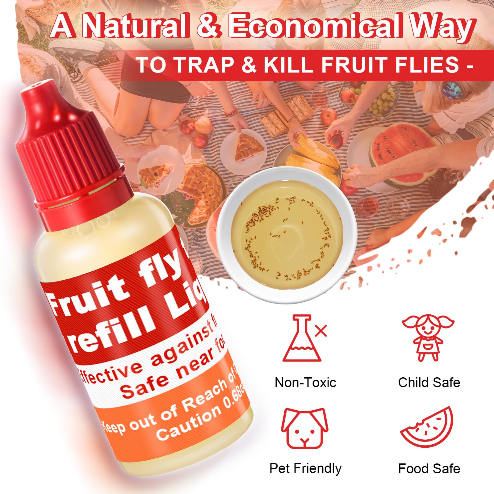 Qualirey Fruit Fly Trap Liquid in small bowl near fruit
