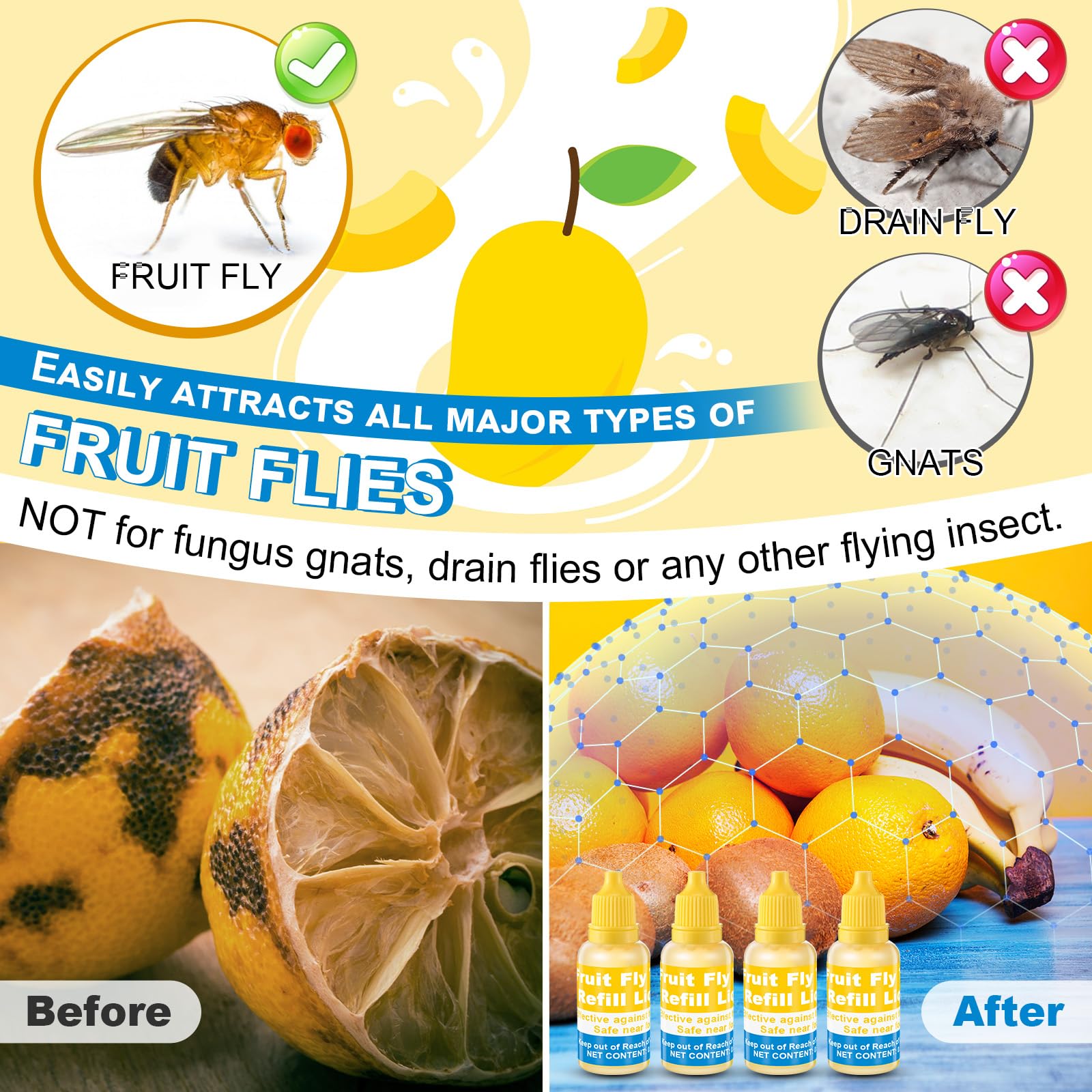 Qualirey Fruit Fly Trap Refill Liquid 0.68oz yellow bottles arranged in a pack