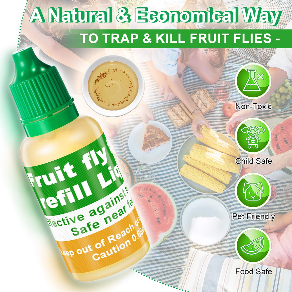 Qualirey Fruit Fly Trap Refill Liquid bottle placement near fruit