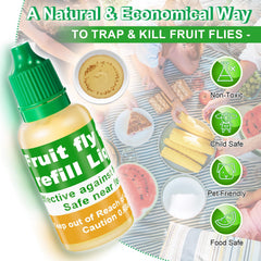 Qualirey Fruit Fly Trap Refill Liquid bottle placement near fruit