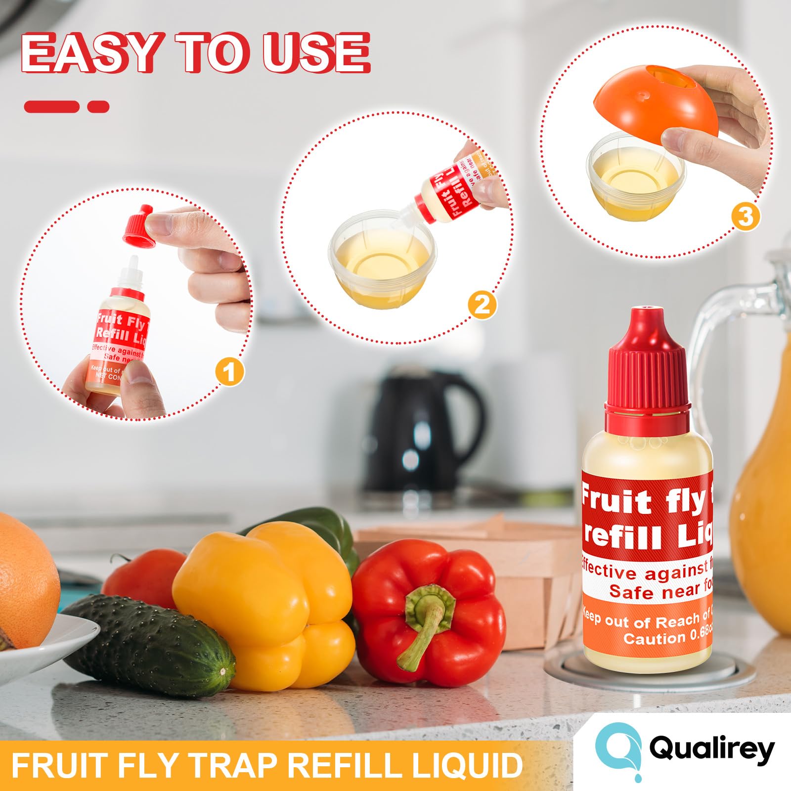 Qualirey Fruit Fly Trap Refill Liquid bottles on a kitchen counter