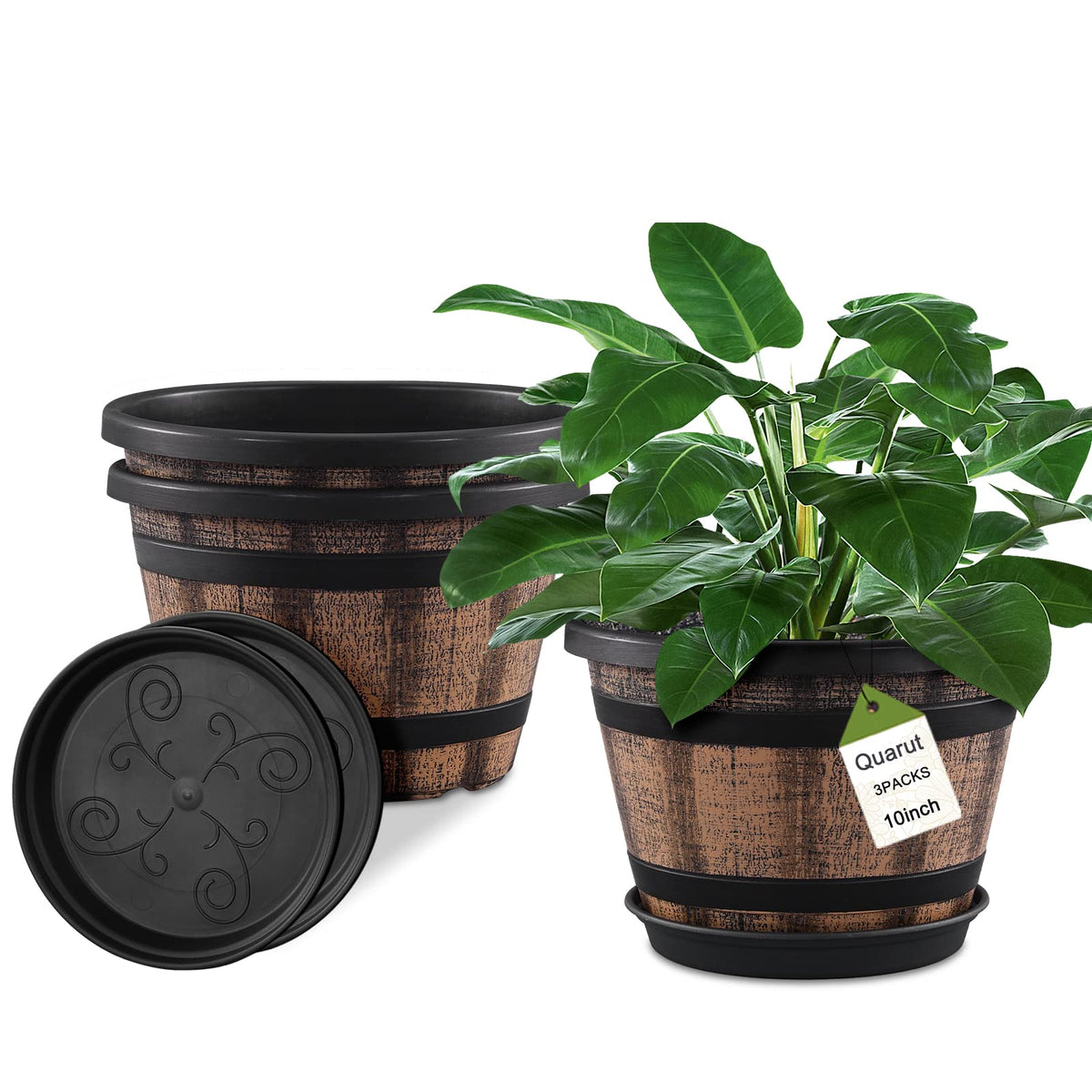 Quarut 10 Inch Whiskey Barrel Planter front view with drainage