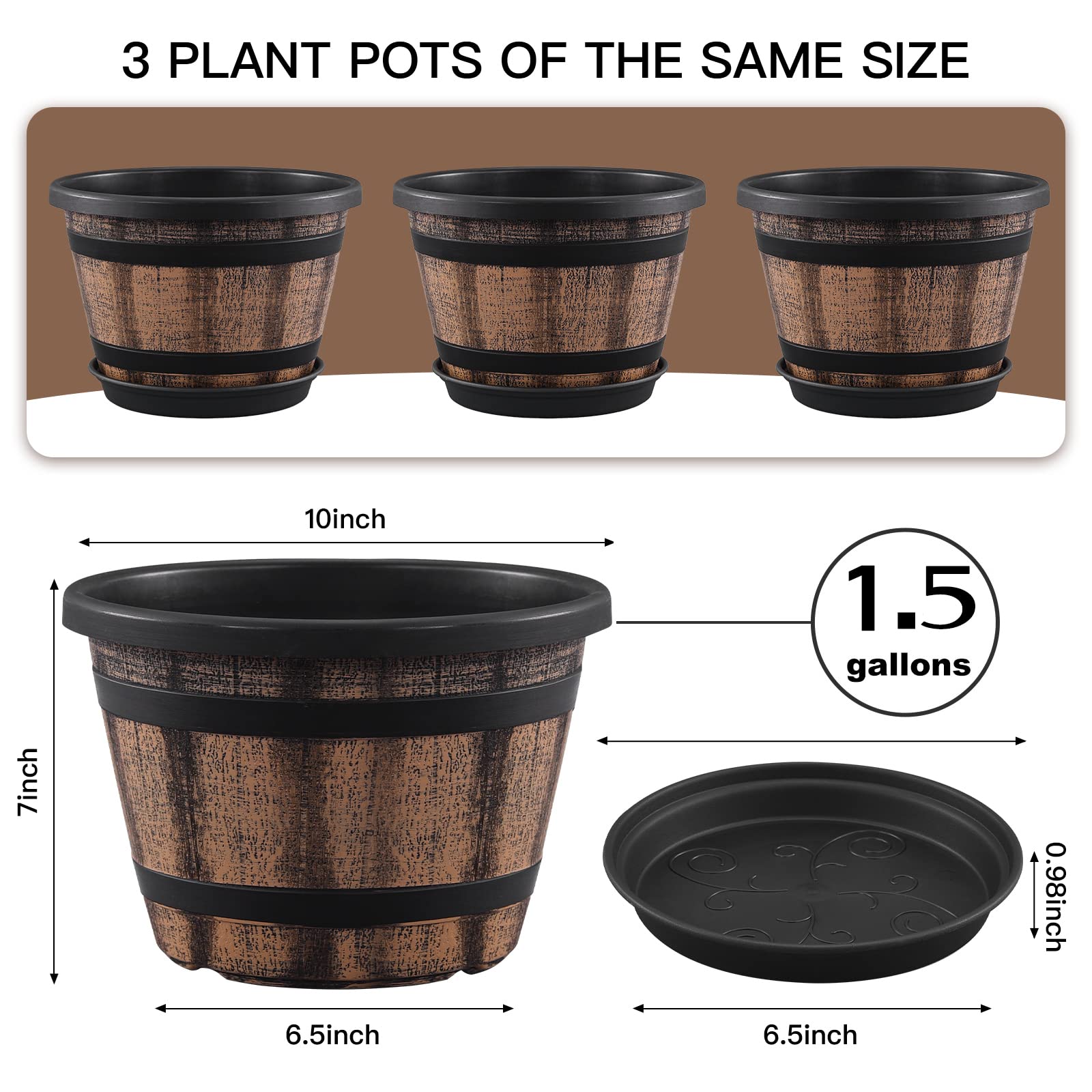 Quarut 10 Inch Whiskey Barrel Planter side view showcasing saucer