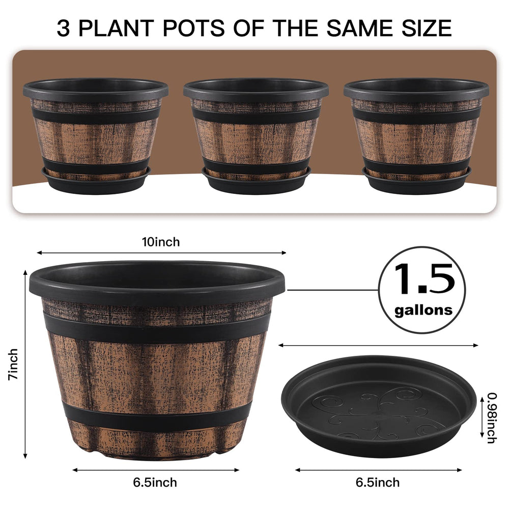 Quarut 10 Inch Whiskey Barrel Planter side view showcasing saucer