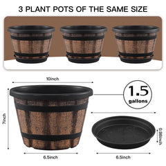 Quarut 10 Inch Whiskey Barrel Planter side view showcasing saucer