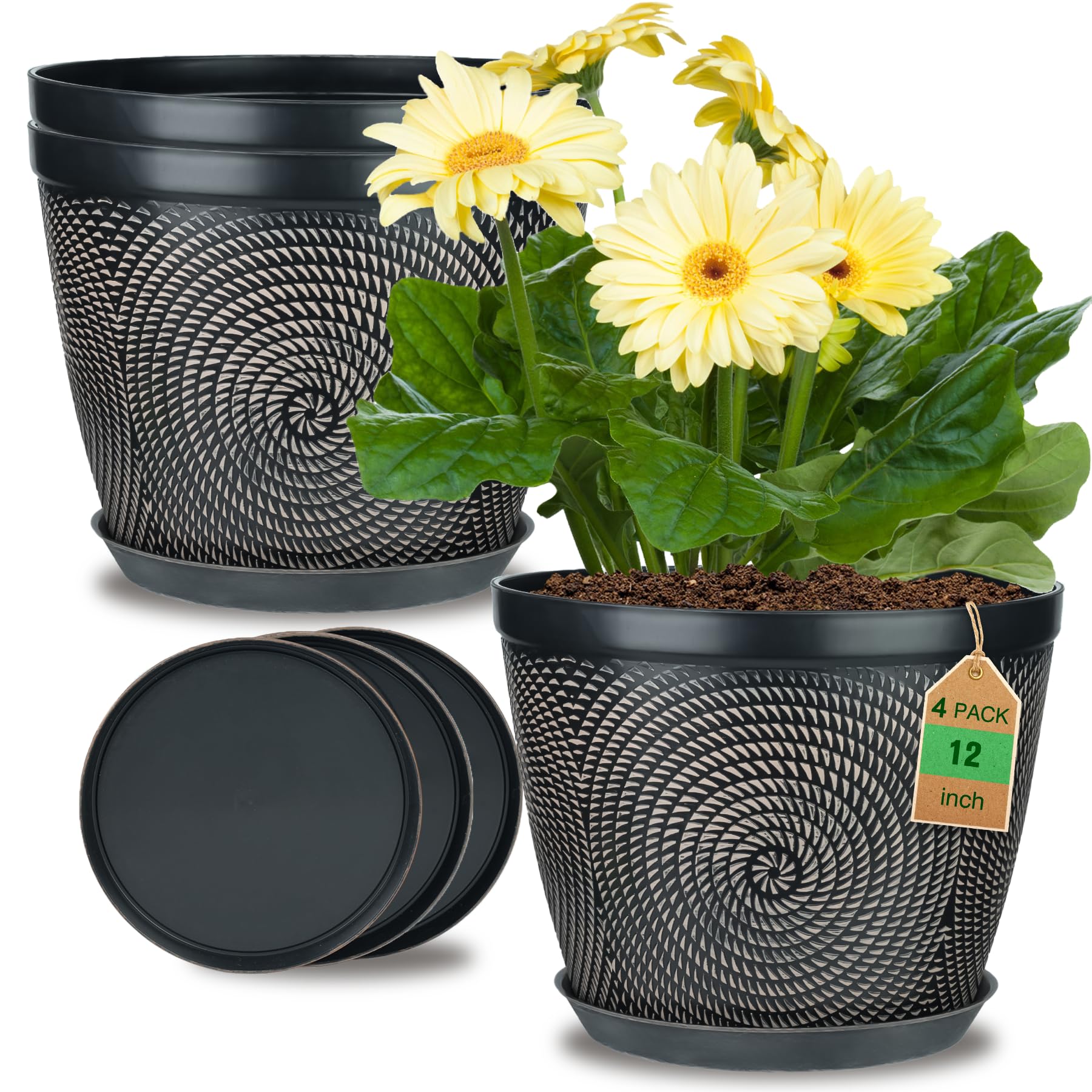 Quarut 12 Inch 4 Pack Large Pots with Circular Pattern