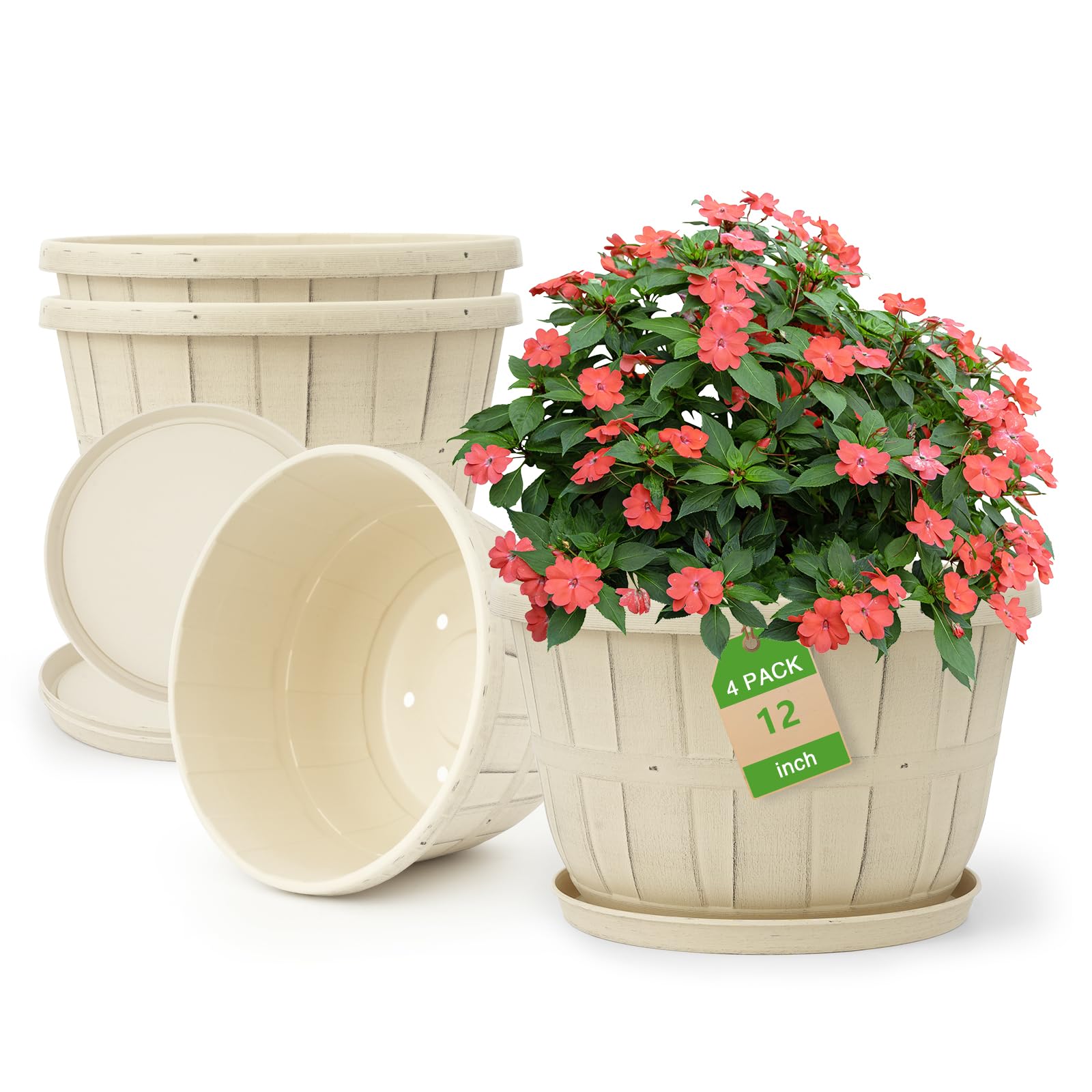 Quarut 12 Inch Large Planters beige front view with saucer