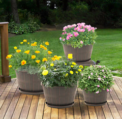 Quarut 12 Inch planter filled with succulents on a patio