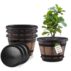 Quarut 12-inch whiskey barrel planter front view with saucer