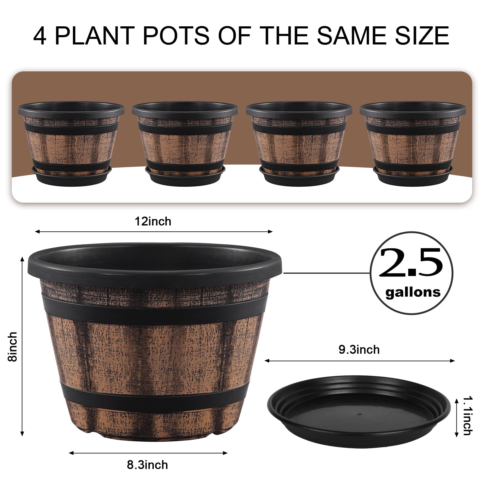 Quarut 12-inch whiskey barrel planter side view showcasing rustic design