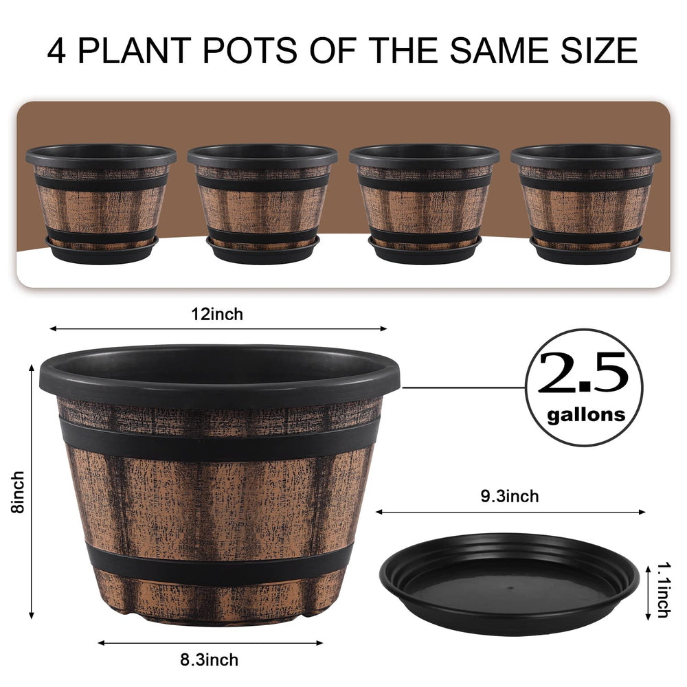 Quarut 12-inch whiskey barrel planter side view showcasing rustic design